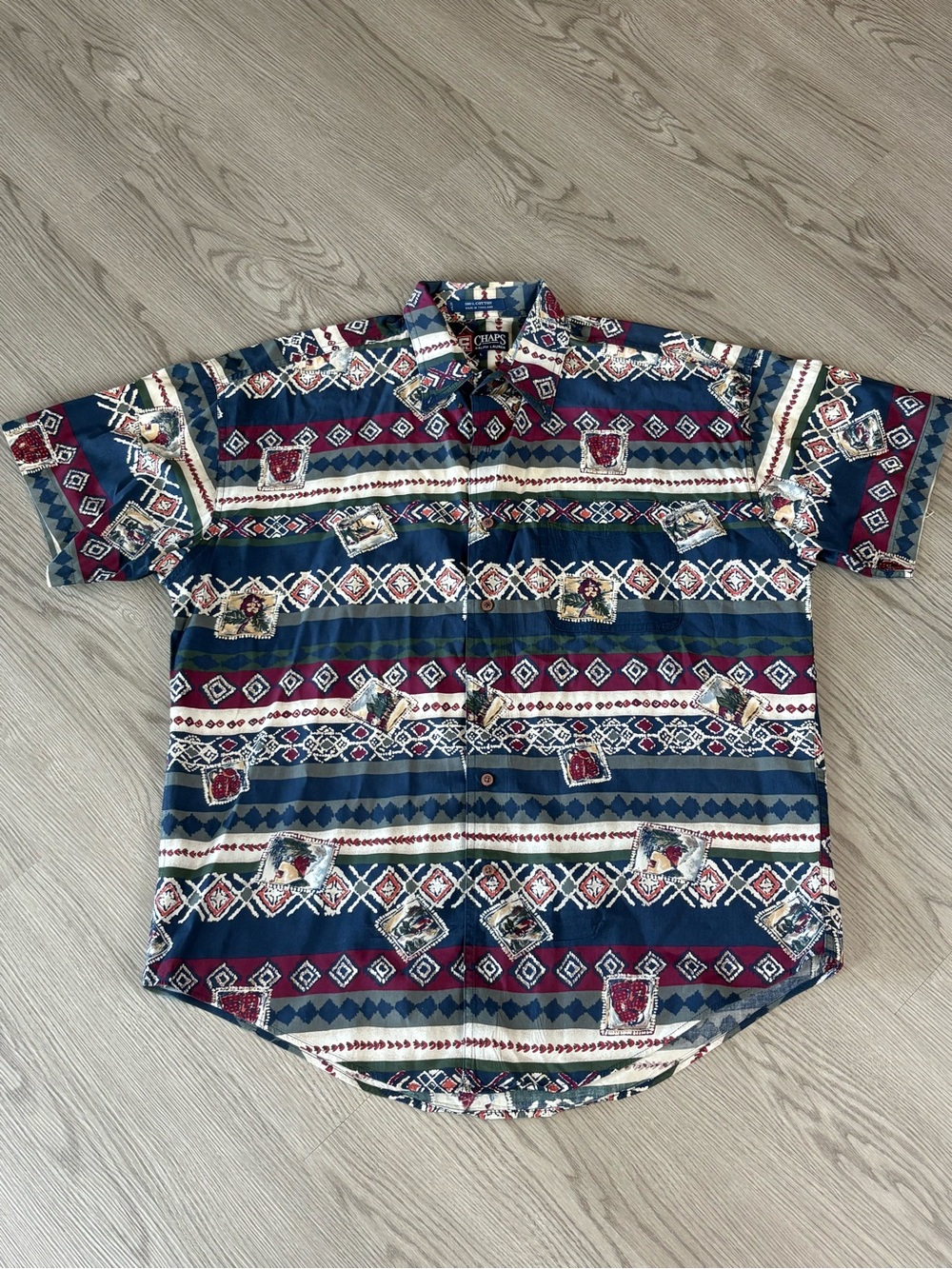 VTG Chaps Short Sleeve Button-Down Shirt in Navy, Burgundy & Cream Aztec Stripe